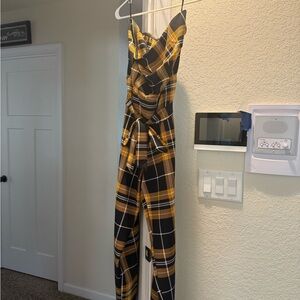 New York & Company Black and Yellow Plaid Jumpsuit